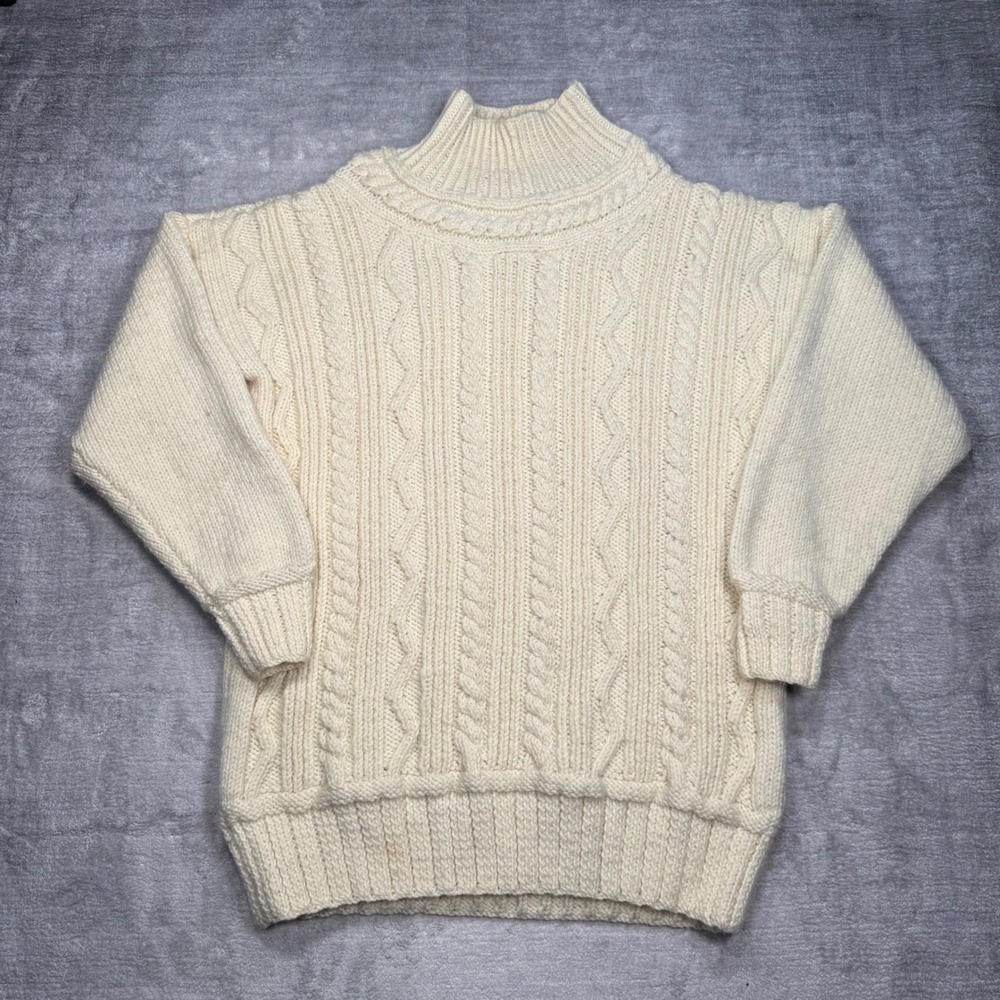 Vintage Handknit Sweater Womens XL Cream Mock Neck Chunky Fisherman Oversized